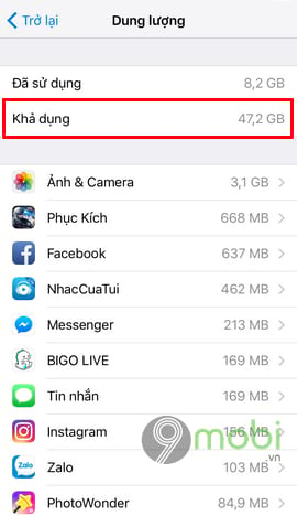 Kiểm tra dung lượng iPhone tại mục Storage & iCloud Usage